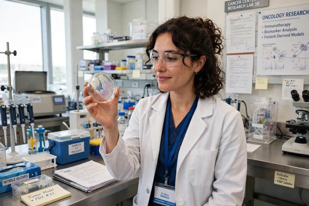 Clinical trial documents and a personalised vaccine vial in a research lab