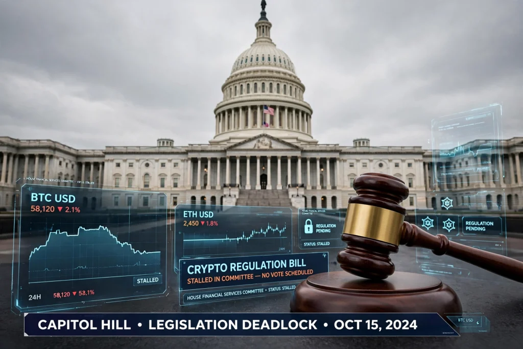 CLARITY Act Stalls in Senate as Crypto Policy Chief Departs: What’s Next for US Regulation The US Capitol with digital crypto charts illustrating the stalled CLARITY Act debate in the Senate.