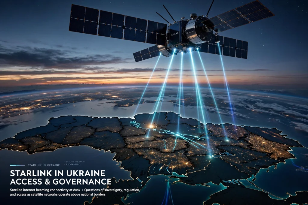 Who Controls Starlink? Musk Points to Washington as Ukraine Access Questions Grow A satellite in orbit over Ukraine beaming connectivity to the ground, illustrating the Starlink access debate.